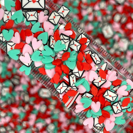 FAKE Heart Envelope, Valentine Polymer Clay Sprinkle Mix (NOT EDIBLE) D11-28