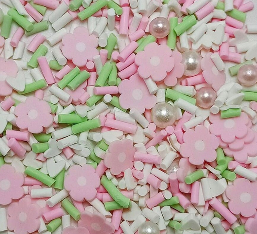 FAKE Pink Flower Pearls, Floral Polymer Clay Sprinkles Mix (NOT EDIBLE) D5-02