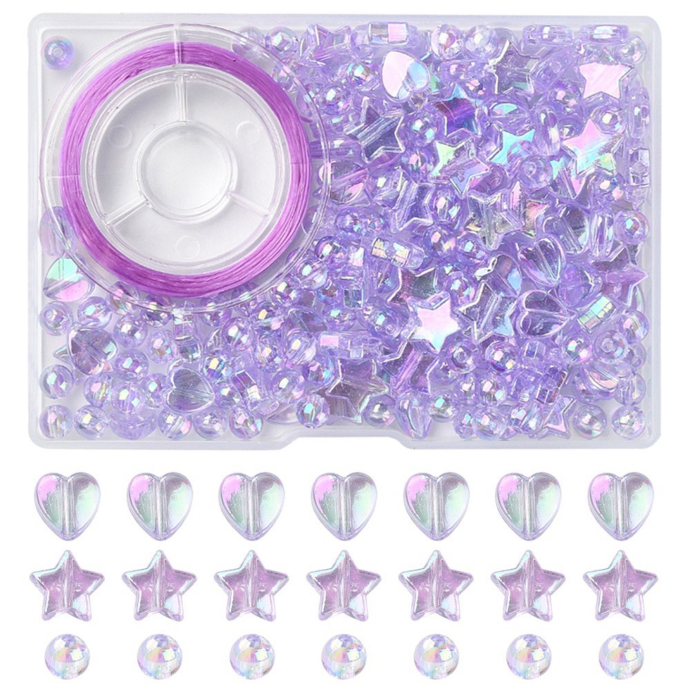 Star, Heart and Round Mixed Acrylic Bead Set with Elastic Thread (200pcs)