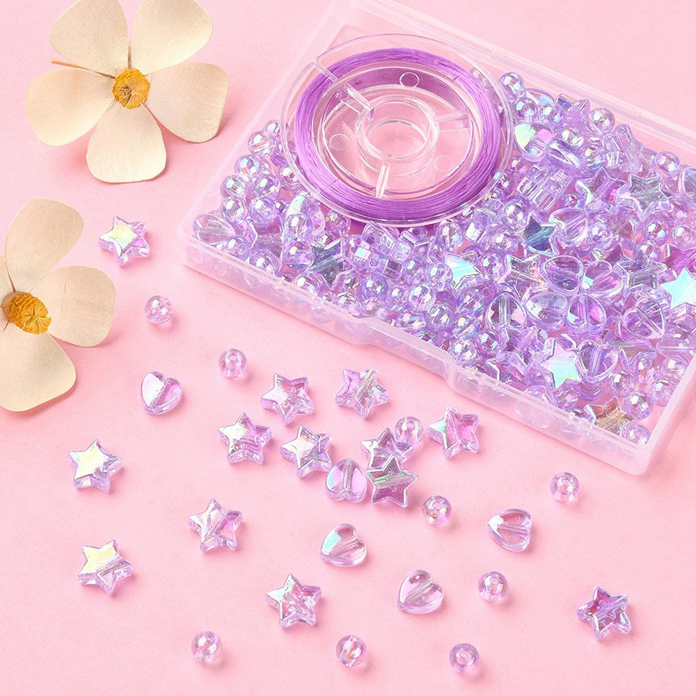 Star, Heart and Round Mixed Acrylic Bead Set with Elastic Thread (200pcs)