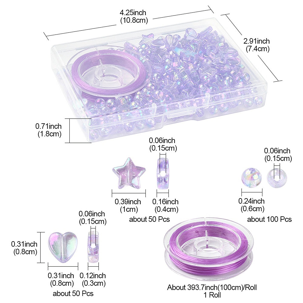 Star, Heart and Round Mixed Acrylic Bead Set with Elastic Thread (200pcs)