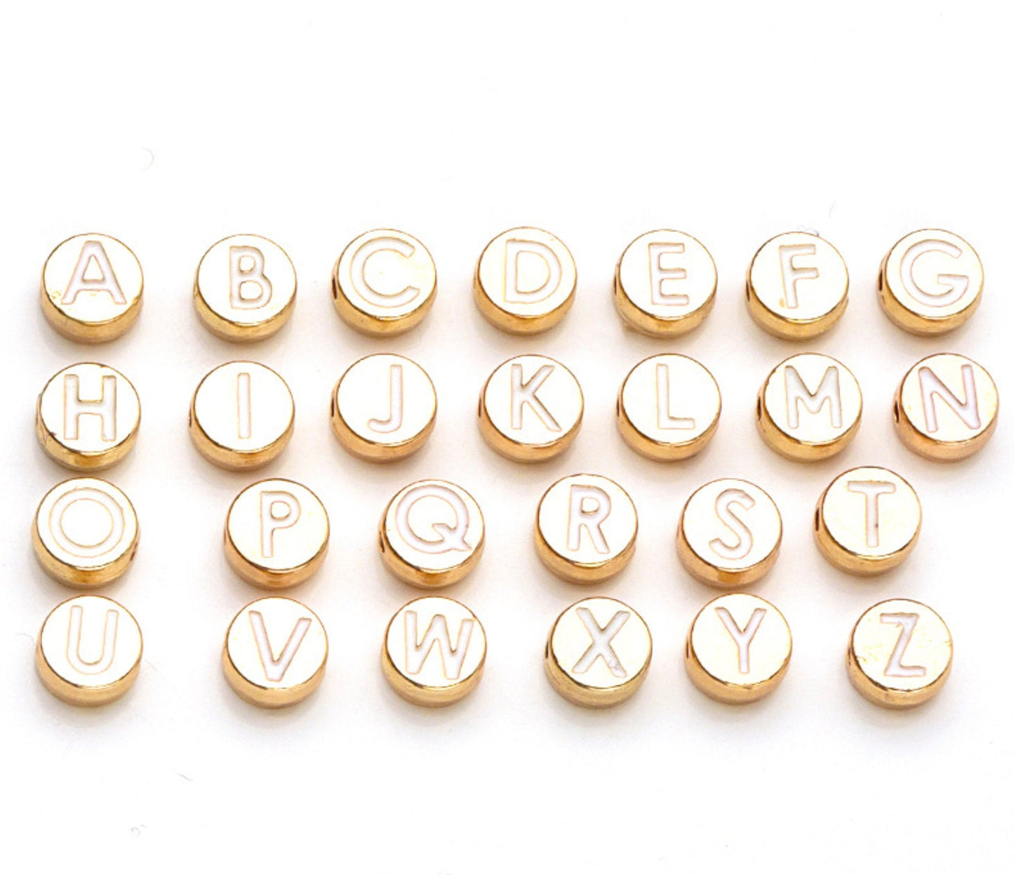 White Metal Round Individual Letters Beads (8mm x 3.5mm)
