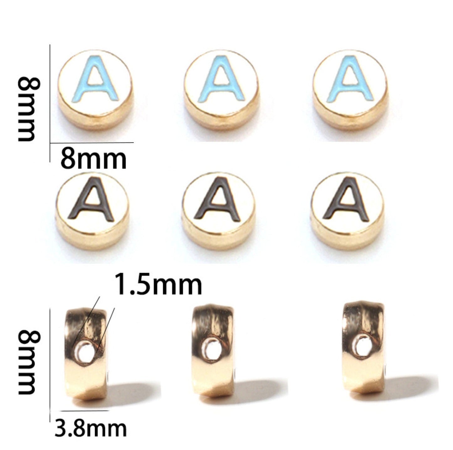 White Metal Round Individual Letters Beads (8mm x 3.5mm)