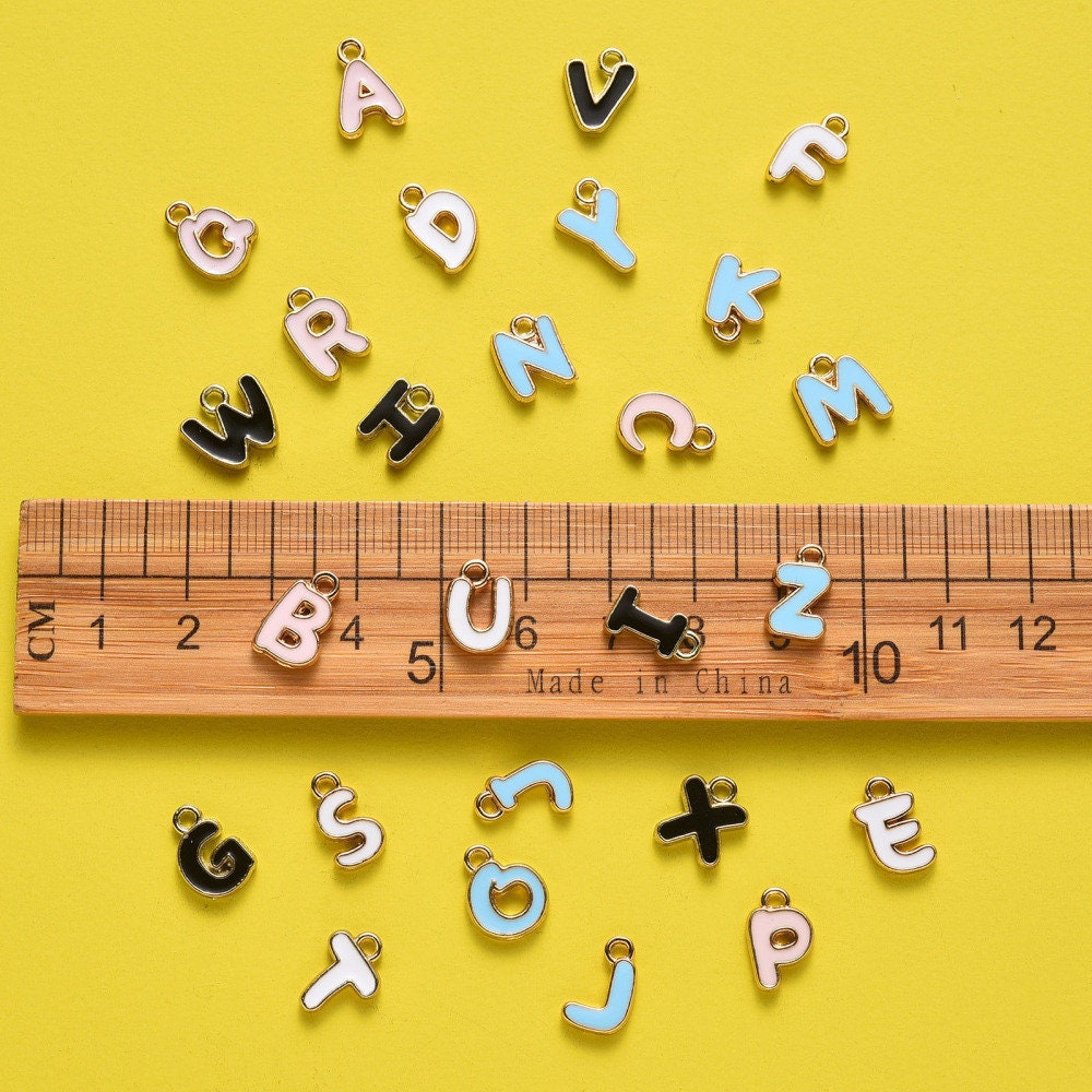 Black Metal Letter Charms Individual or Set (11mm x 6.5mm x 2mm; Hole: 1.5mm)