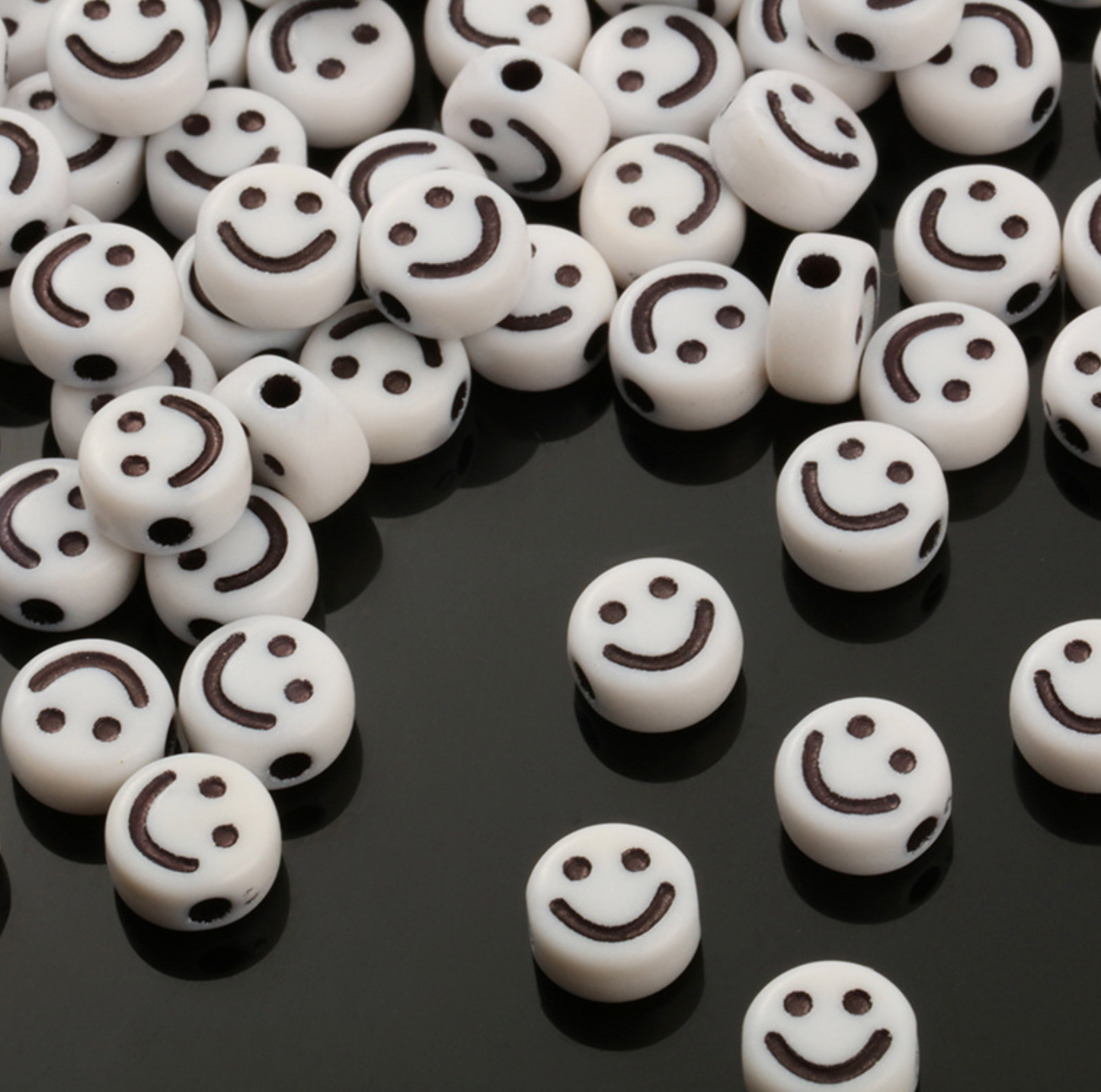 7MM White Flat Round Acrylic with Black Smiley Face Beads