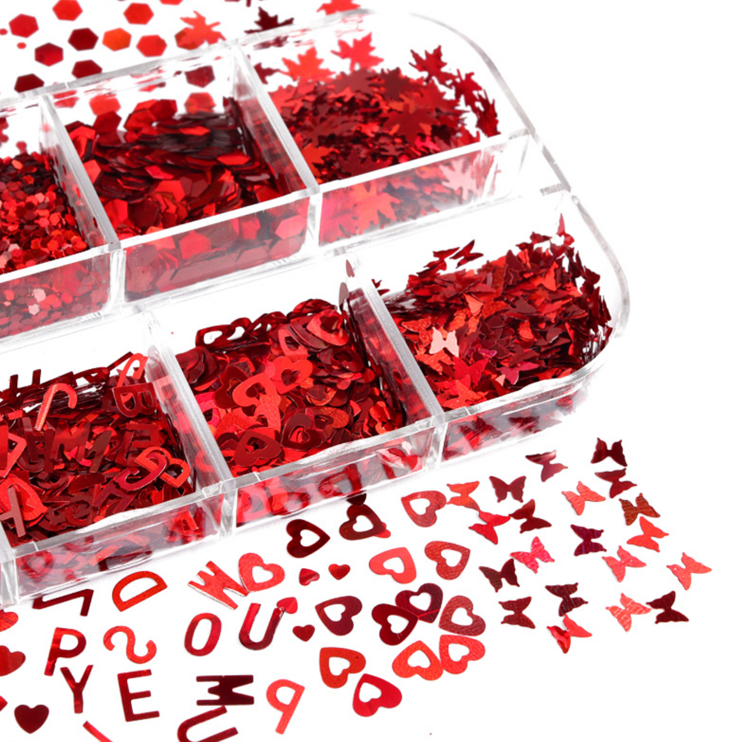 6 Red Glitter Flake Set, Valentines Day Set #2 (3mm-6mm)