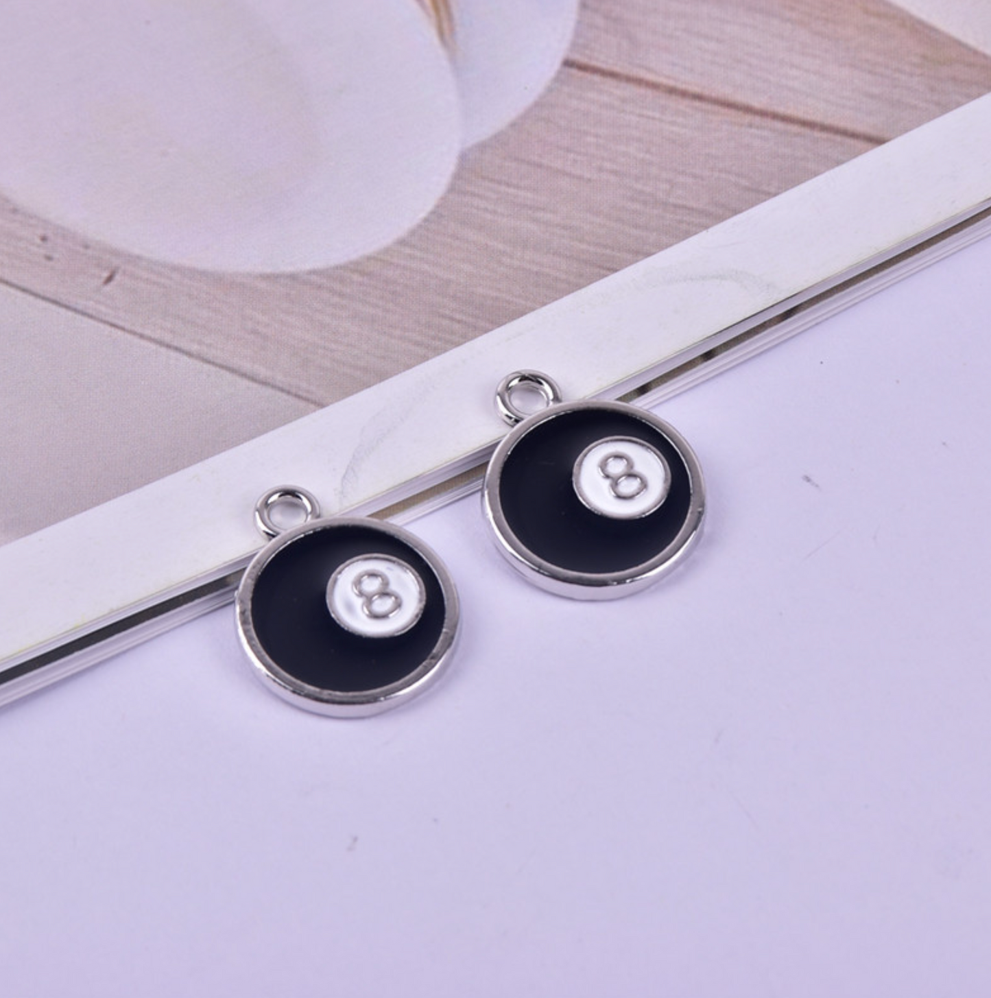 Black Eight Ball Enamel Charm, Billiard Themed (16mm x 20mm)