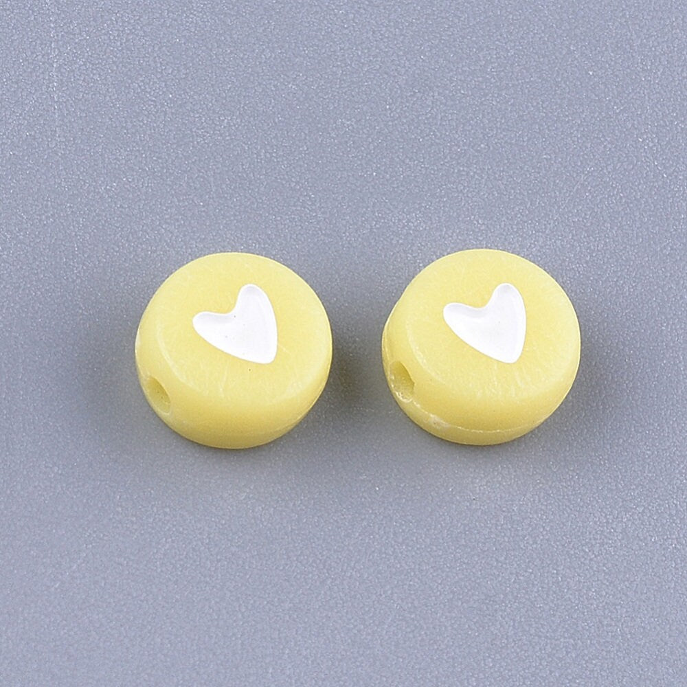 7MM Mixed Color Acrylic Flat Round Beads with White Hearts