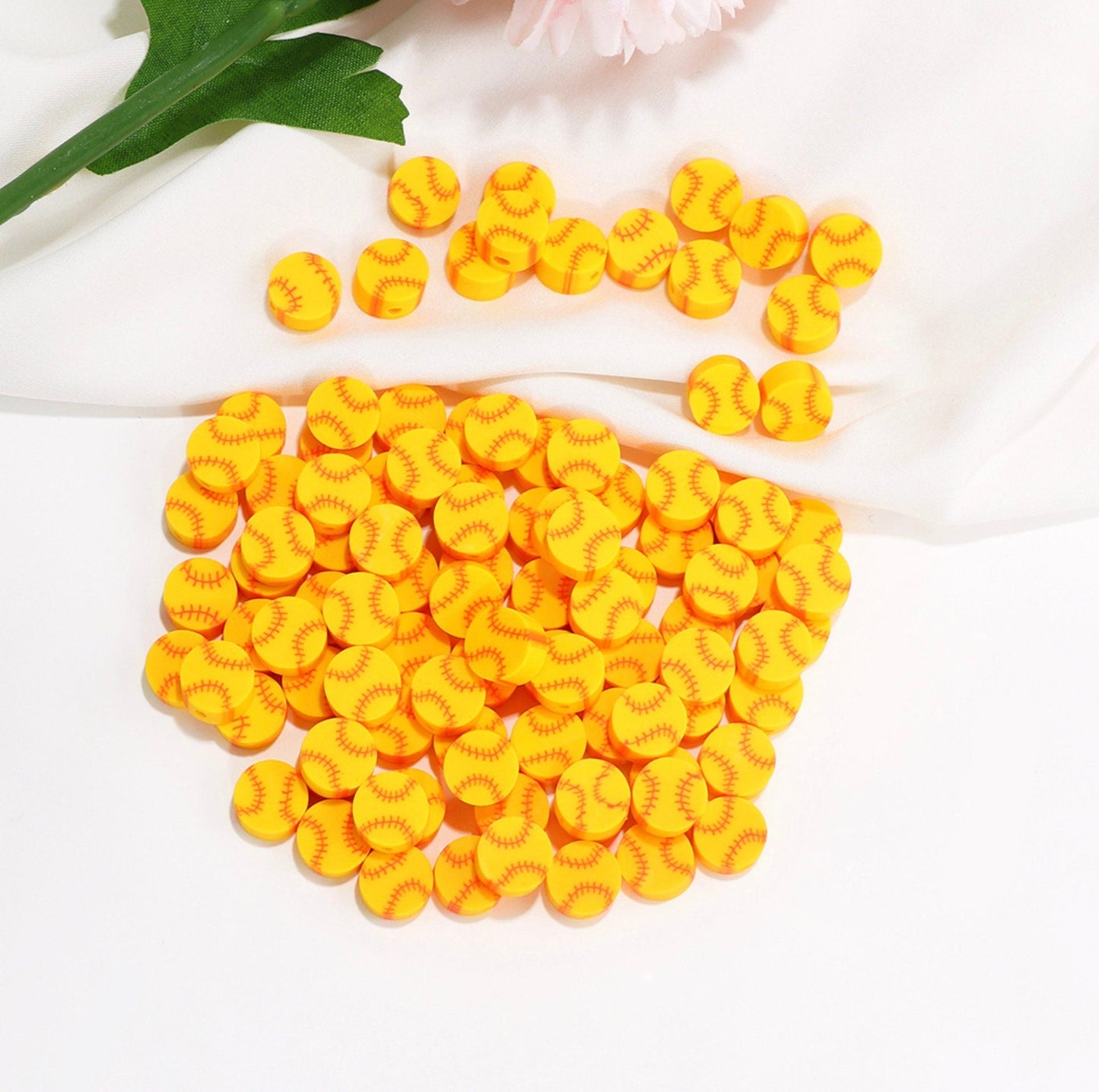 10MM Yellow Softball, Sports Themed Polymer Clay Beads