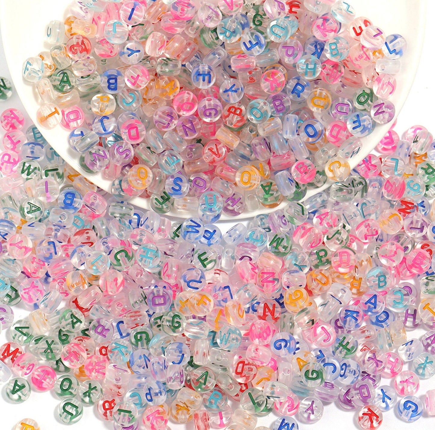 A-Z Alphabet Beads, Transparent Beads with Random Mixed Color Letters (7MM)
