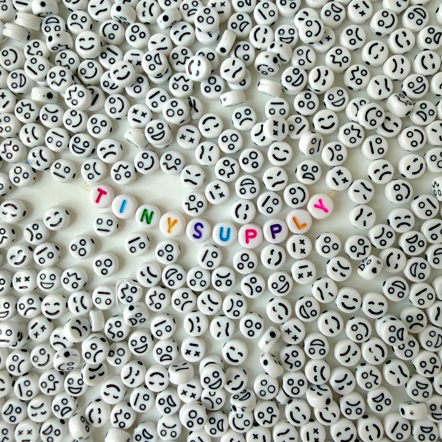 7MM White Flat Round Acrylic with Black Facial Expressions Beads