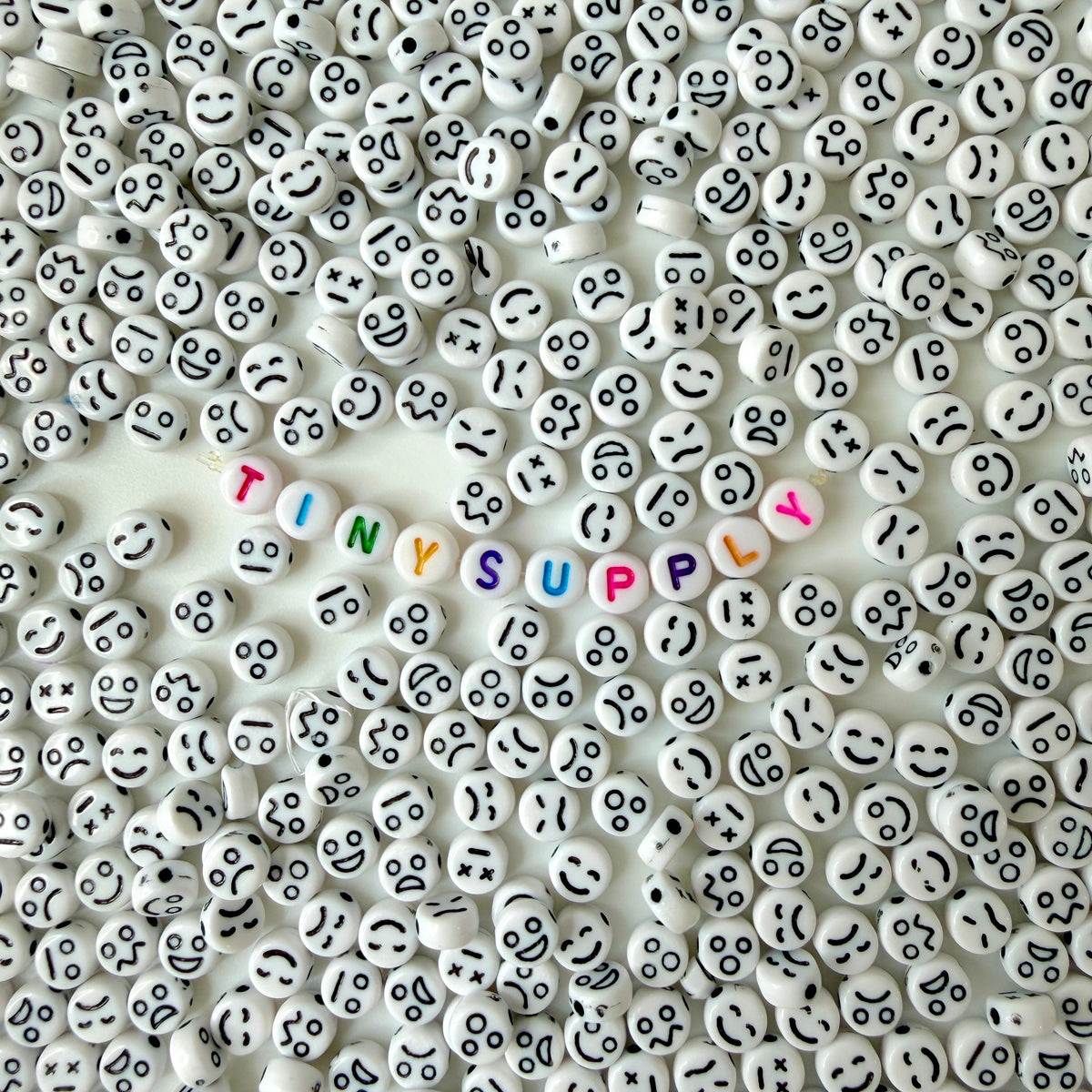 7MM White Flat Round Acrylic with Black Facial Expressions Beads