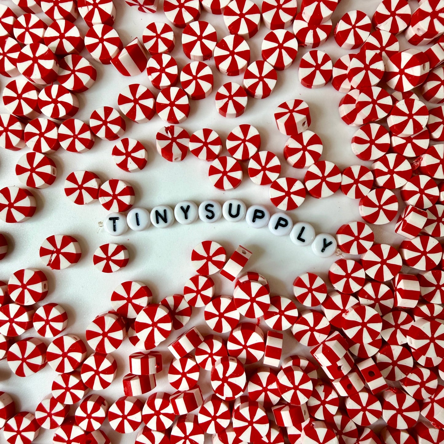 10MM Red and White Peppermint Themed Polymer Clay Beads