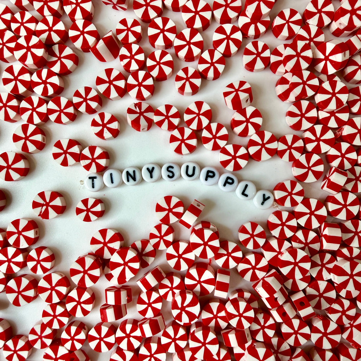 10MM Red and White Peppermint Themed Polymer Clay Beads