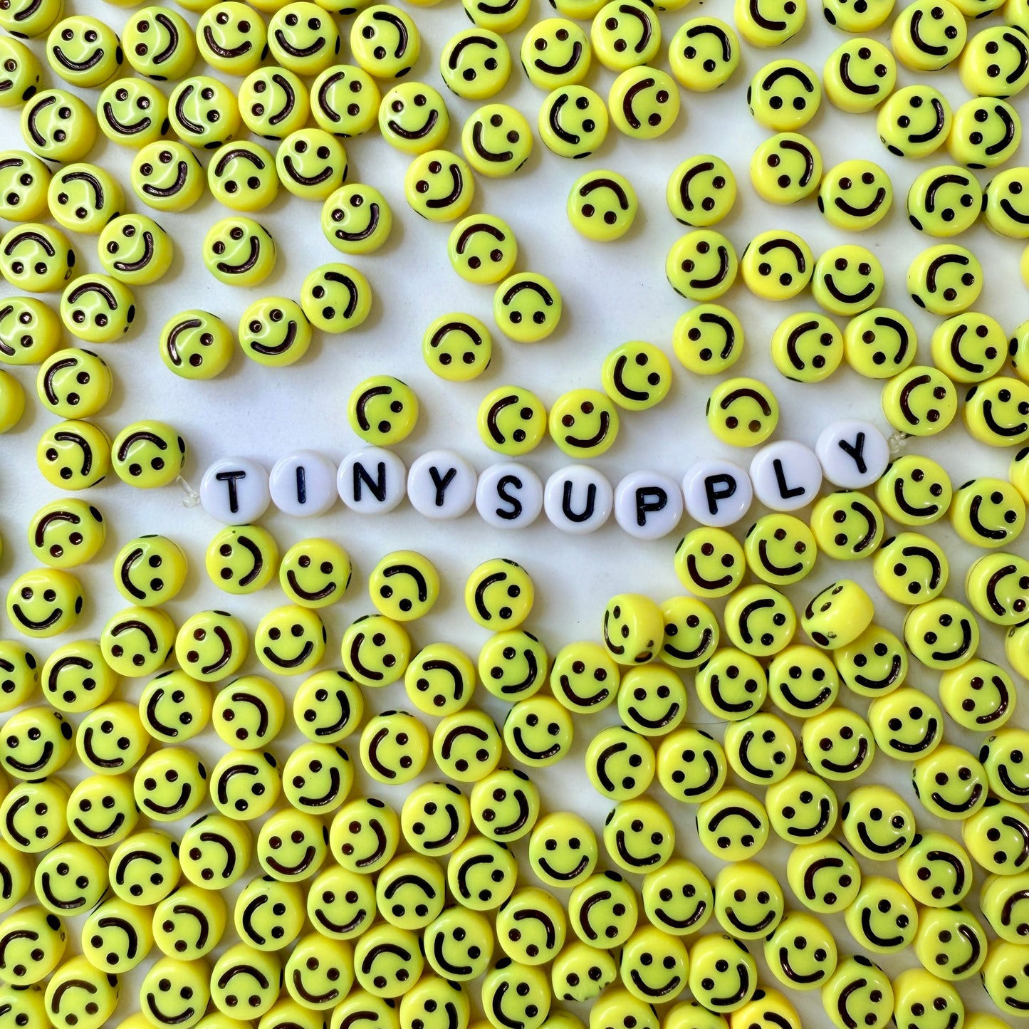 7MM Yellow Flat Round Acrylic with Black Happy Face Beads