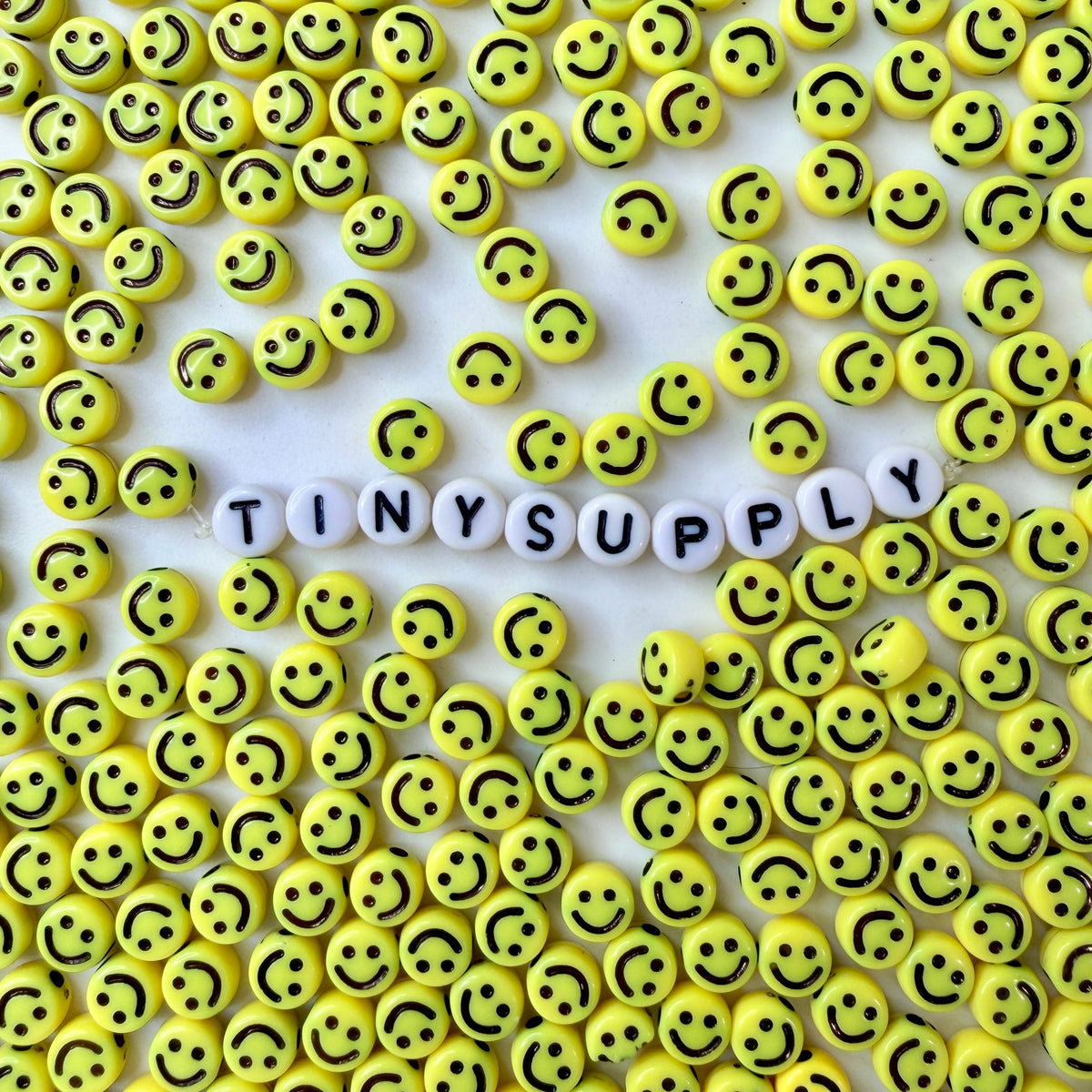 7MM Yellow Flat Round Acrylic with Black Happy Face Beads
