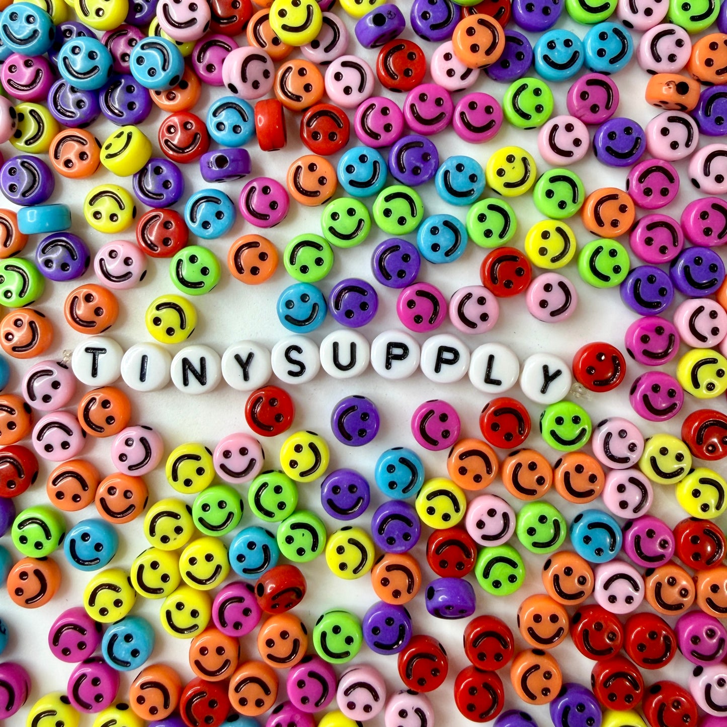 7MM Mixed Color Flat Round Acrylic with Black Happy Face Beads
