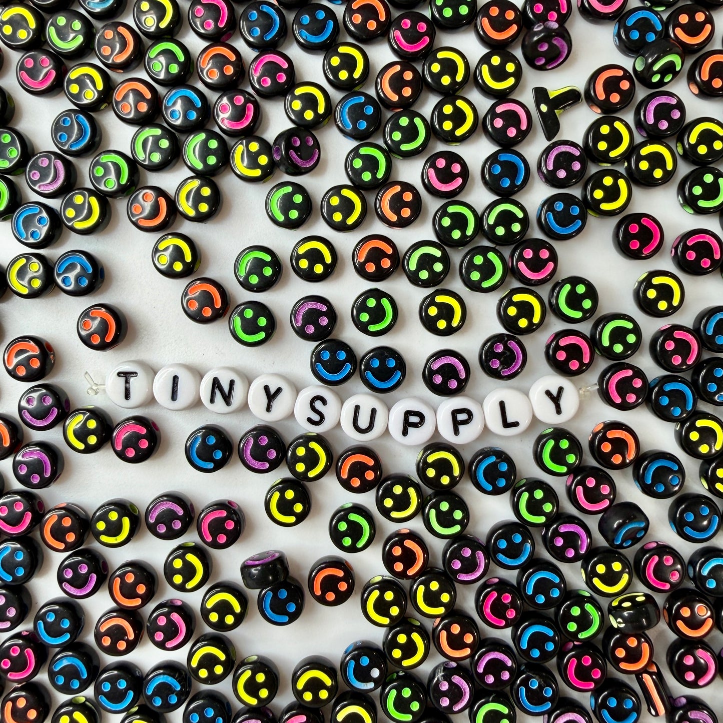 7MM Black Flat Round Acrylic with Colorful Happy Face Beads