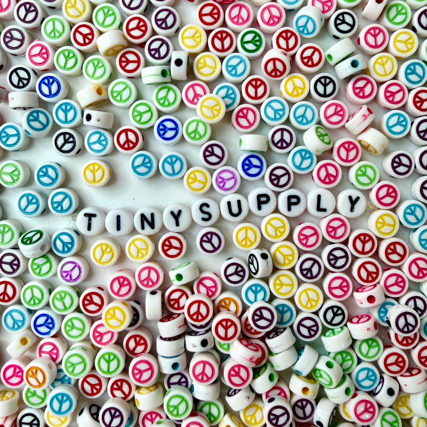 7MM White Flat Round Acrylic Multicolored Peace Sign Beads