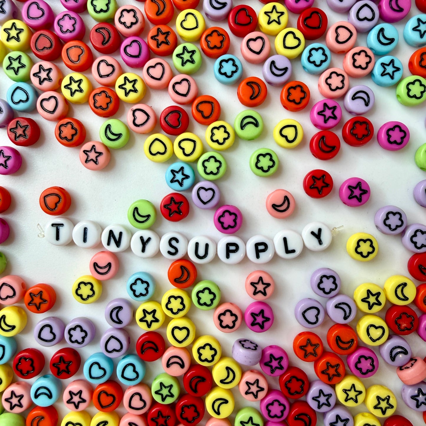 7MM Mixed Color Flat Round Acrylic with Black Flower, Star, Moon, Heart Beads