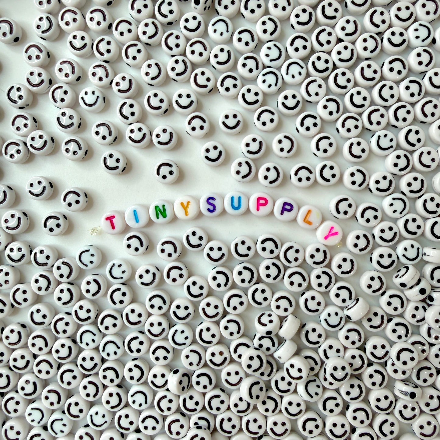 7MM White Flat Round Acrylic with Black Happy Face Beads