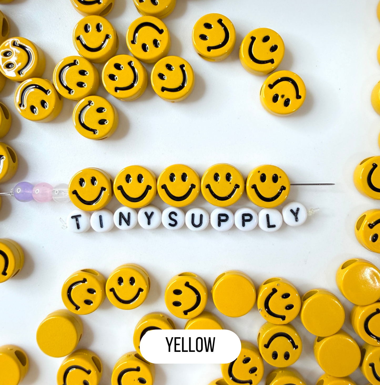 Chunky 12MM Silver, Gold, Yellow Acrylic Round Happy Face Bead (SINGLE SIDED)