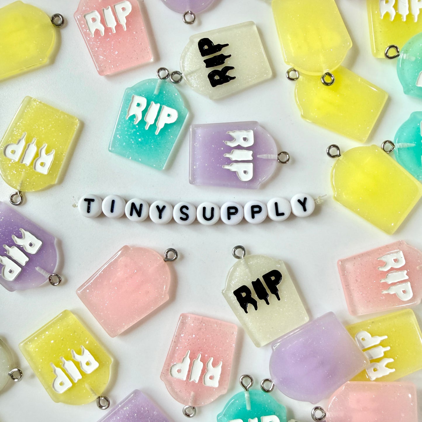 Pastel Glitter RIP Tombstone Resin Charm with Eye Pin (25mm x 20mm)