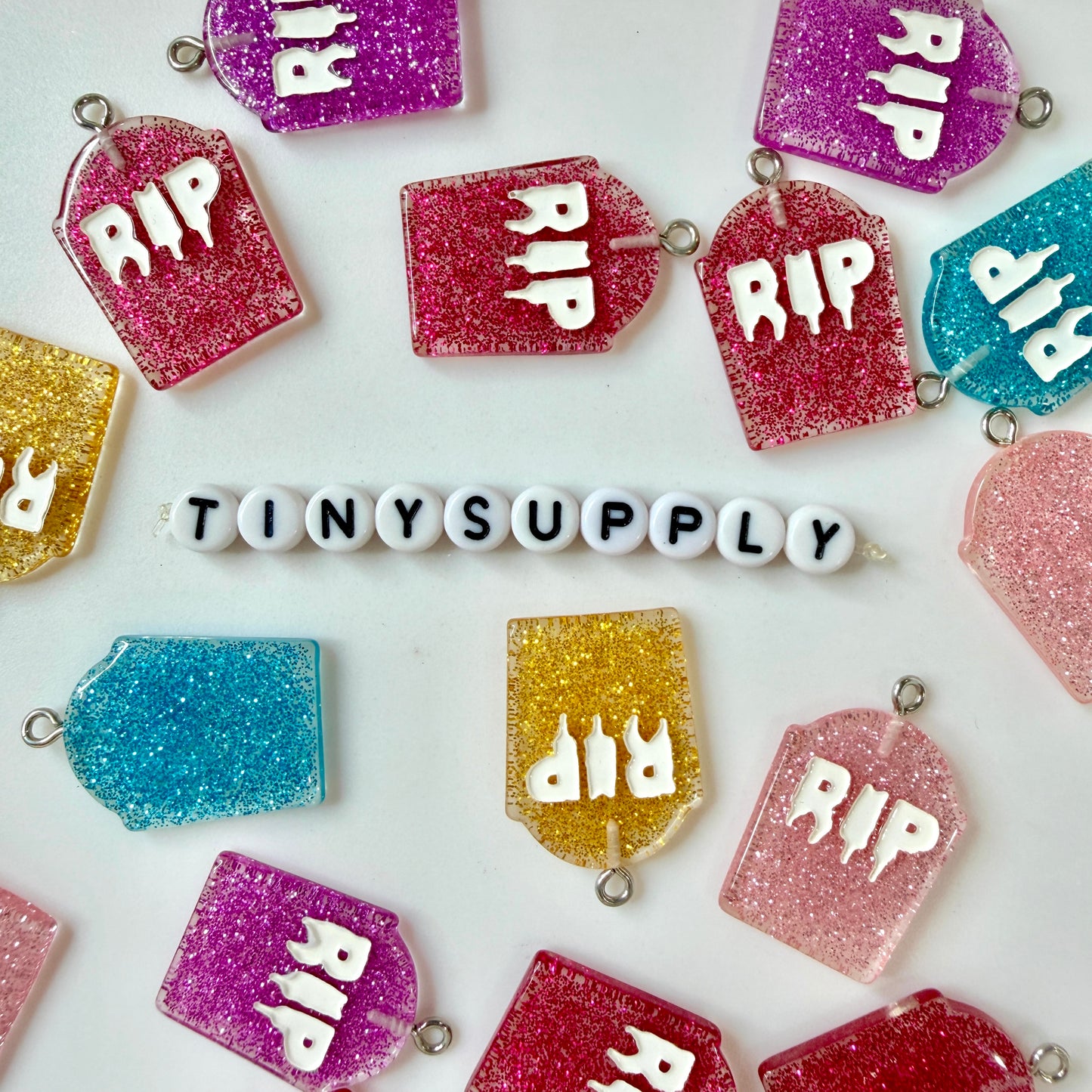 Cute Glitter RIP Tombstone Resin Charm with Eye Pin (25mm x 20mm)