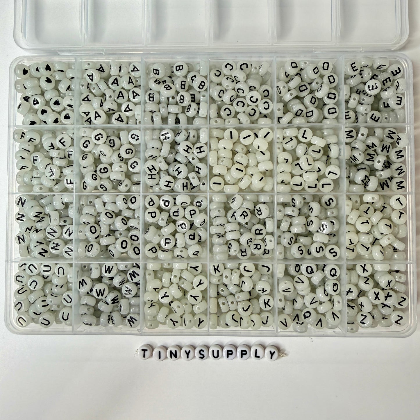Glow-in-Dark Round Acrylic Black Letter Bead Set (1200 Beads + Elastic String)