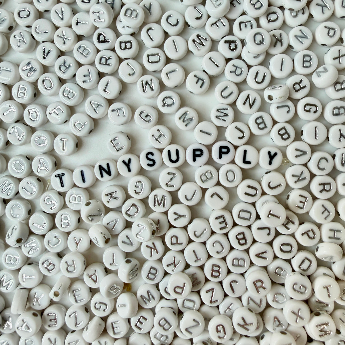 SILVER Letter A-Z Alphabet Individual Beads, White with Silver Letters (7MM)
