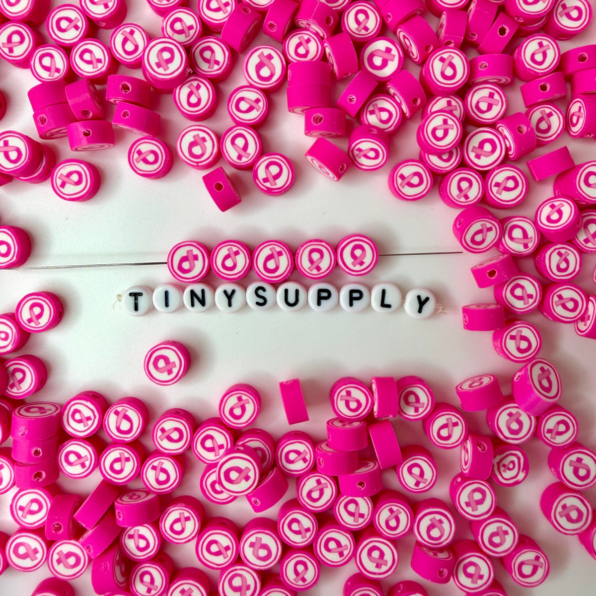 10MM Pink Cancer Ribbon Themed Polymer Clay Beads