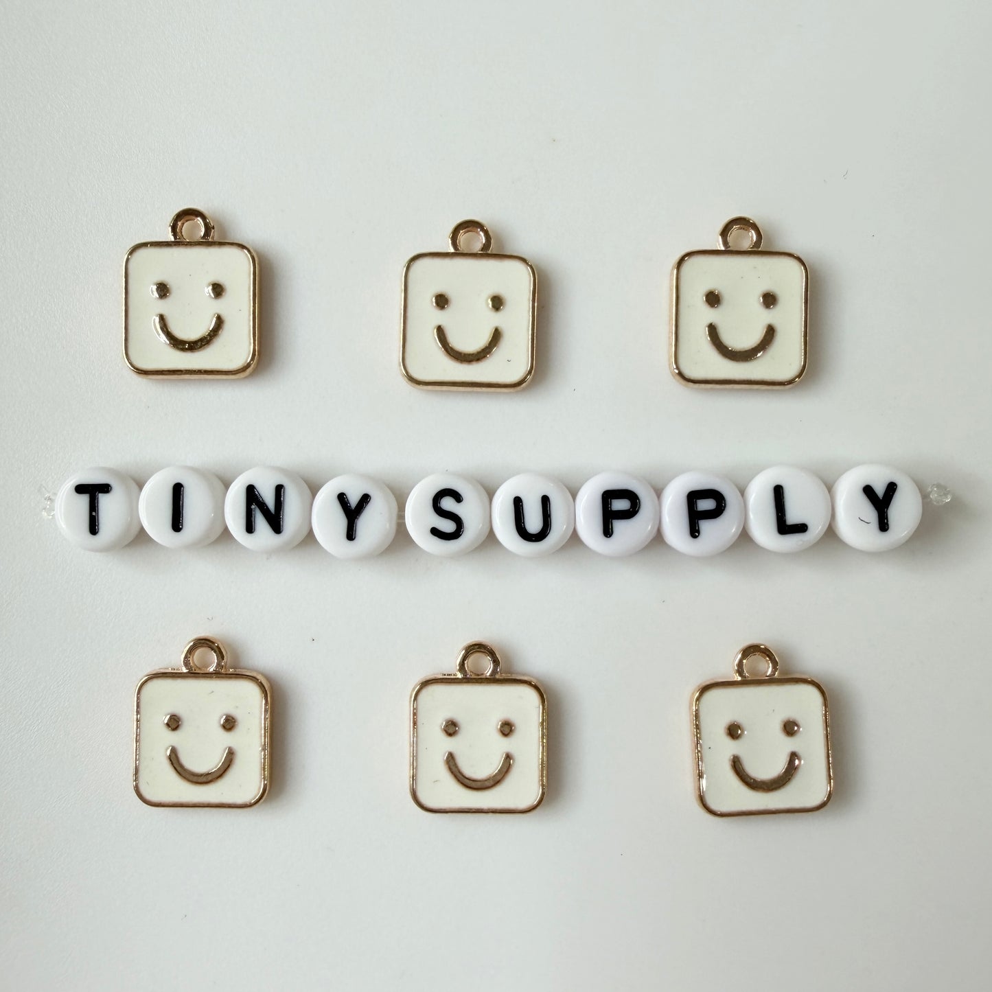 Pink, Blue, White Square Happy Face Enamel Charm (14mm x 11mm)