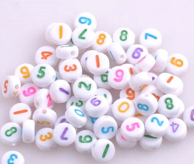 Acrylic Flat White Round Beads with Mixed Bright Color Numbers (7mm x 3mm)