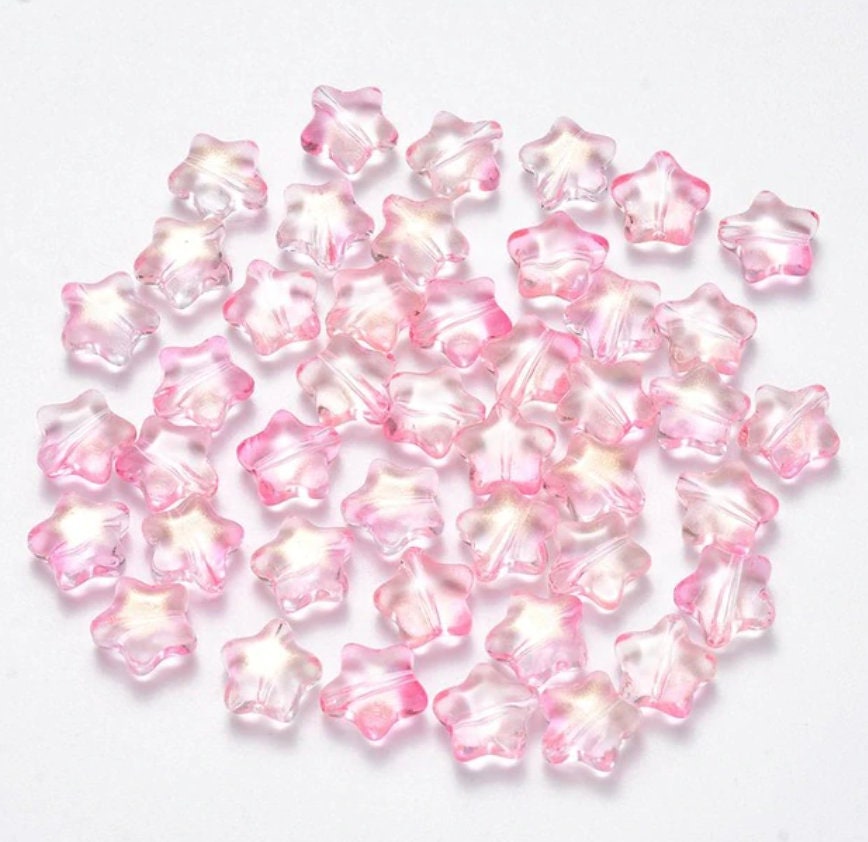 Cute Spray Painted Pink Colored Glass Star Beads (8mm x 8.5mm x 4mm) E01