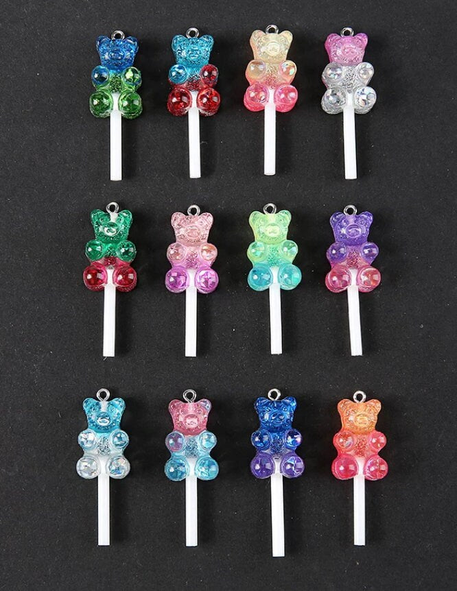 Pastel Colorful Two-Tone Glitter Gummy Bear Lollipop With Eye Pin Charm (44mm x 15mm)