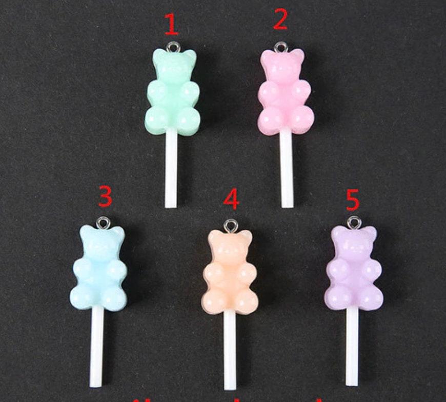 Pastel Colorful Gummy Bear Lollipop Charm with Eye Pin (44mm x 15mm)