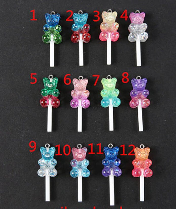 Pastel Colorful Two-Tone Glitter Gummy Bear Lollipop With Eye Pin Charm (44mm x 15mm)