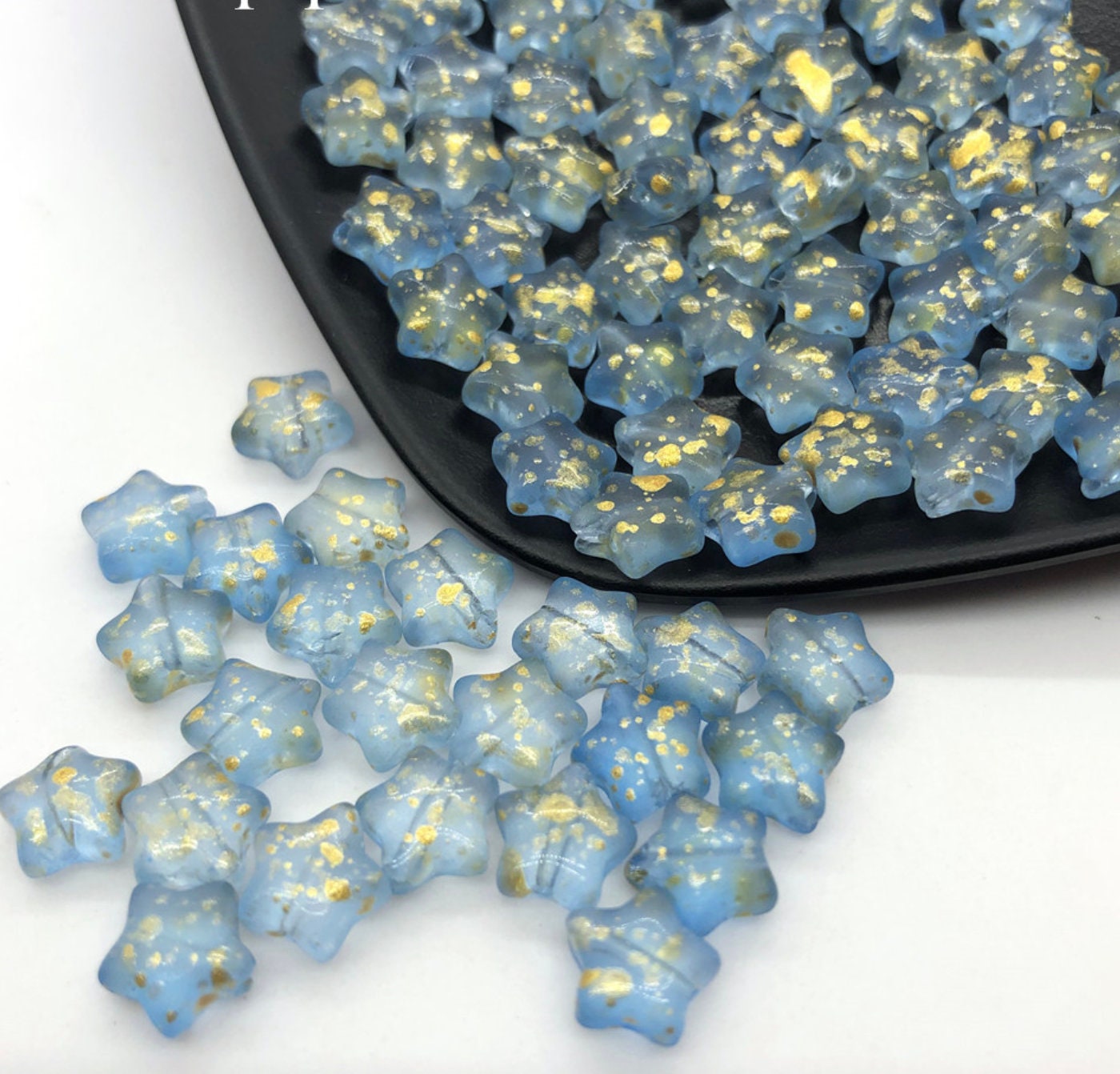Blue with Gold Specks Spray Painted Glass Star Beads (8mm x 8.5mm x 4mm) AB7
