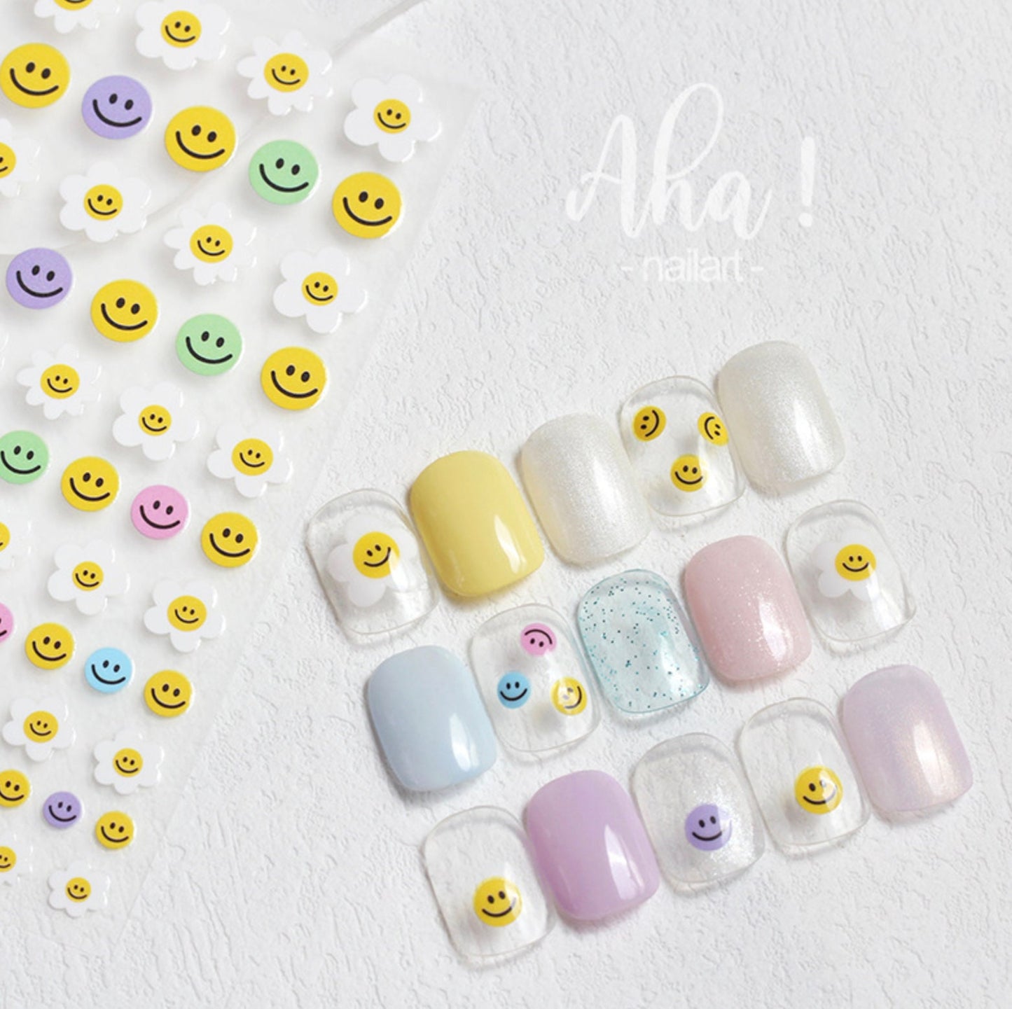 Smiley Faced White Daisy, Floral Themed 2D Nail Art Stickers (Aha! 031)