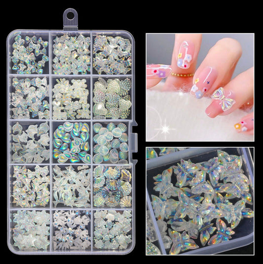 Mixed AB Transparent 3D Nail Art Decorations ( Shells, Bows, Butterfly, Dragonfly, Fox Mask, Flowers) Box Set, Mini Cabochon