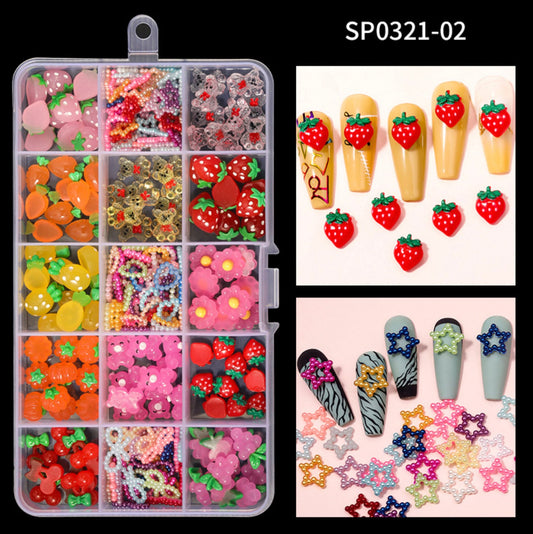 Mixed Fruit Field Day 3D Nail Art Decorations ( Strawberry, Stars, Bear, Heart, Pineapple, Grapes, Cherry, Pumpkin, Carrot, Flower) Box Set