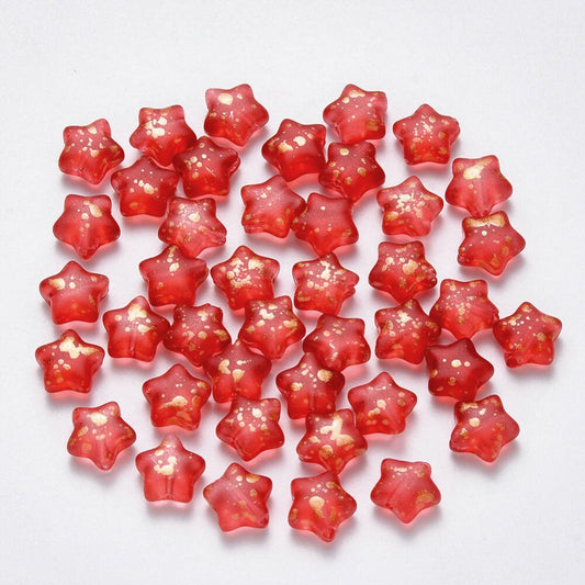 Cute Spray Painted Red Colored Glass with Gold Flakes Star Beads (8mm x 8.5mm x 4mm) F02
