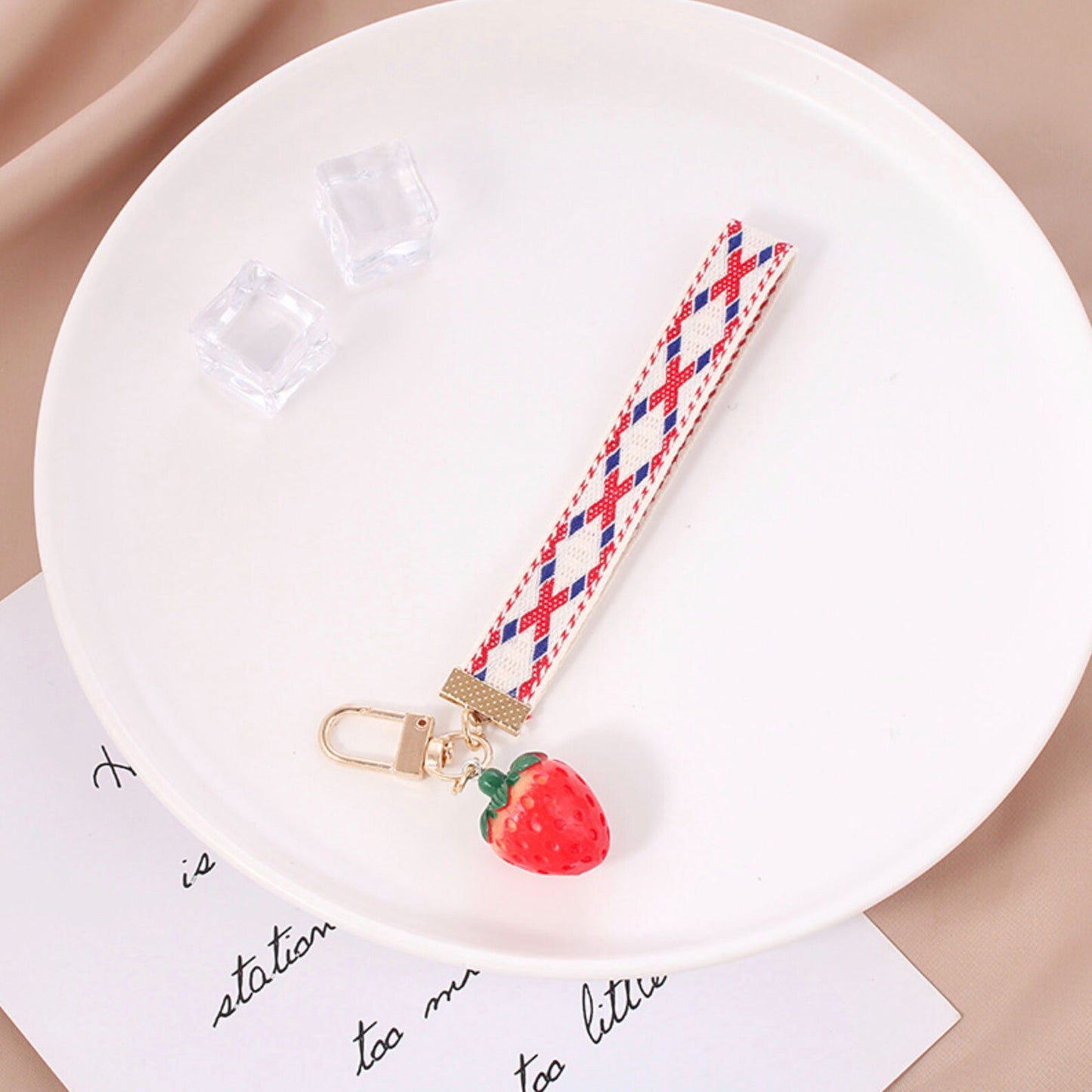 Cute Acrylic Strawberry with Fabric Strap Chain Keychain, Key ring
