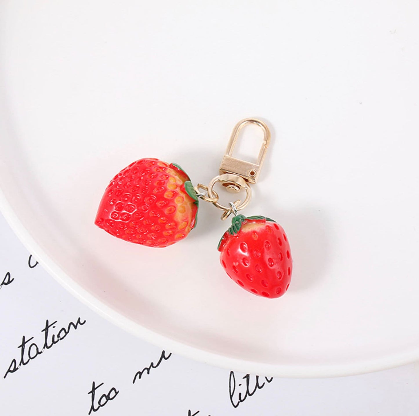 Cute Acrylic Strawberry with Fabric Strap Chain Keychain, Key ring