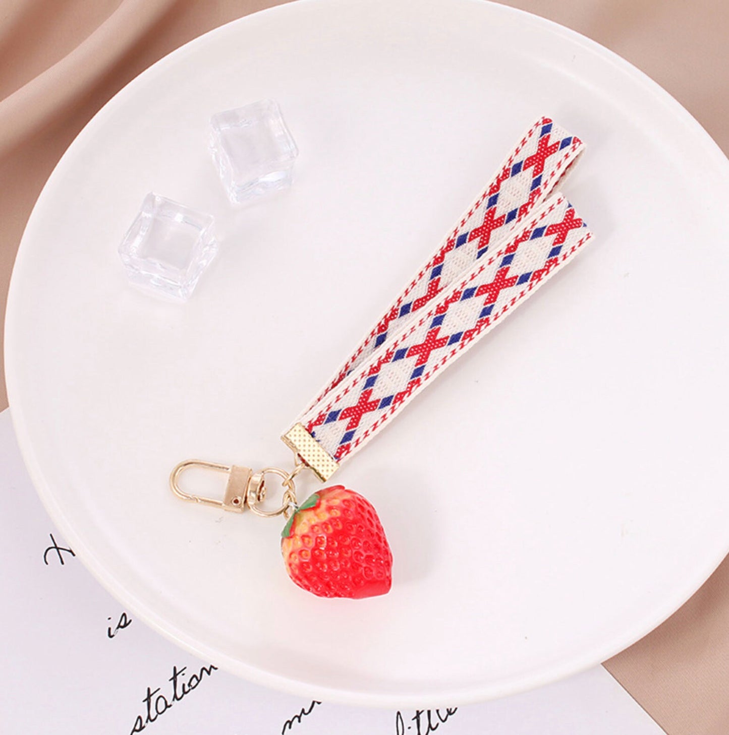 Cute Acrylic Strawberry with Fabric Strap Chain Keychain, Key ring