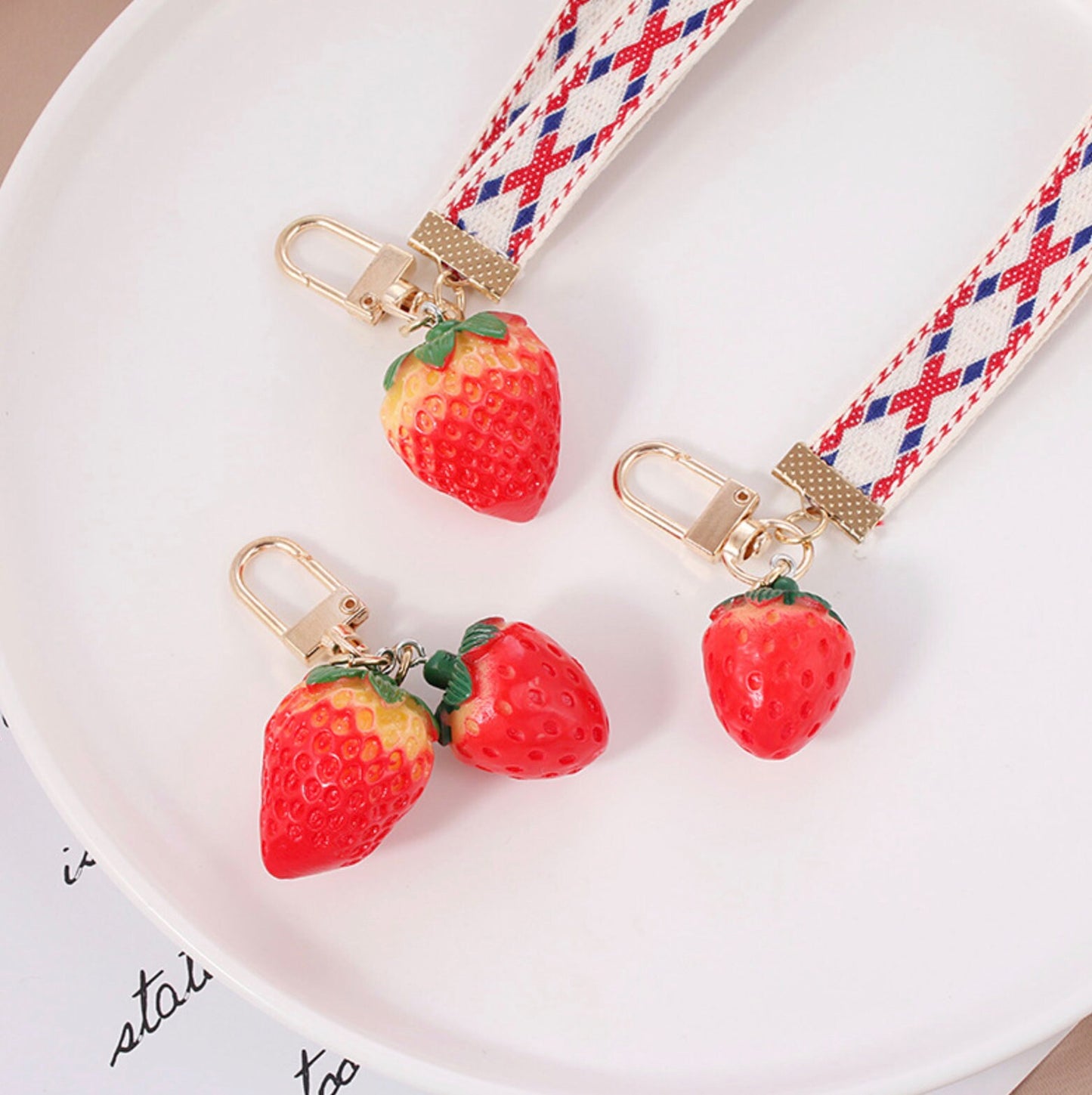 Cute Acrylic Strawberry with Fabric Strap Chain Keychain, Key ring