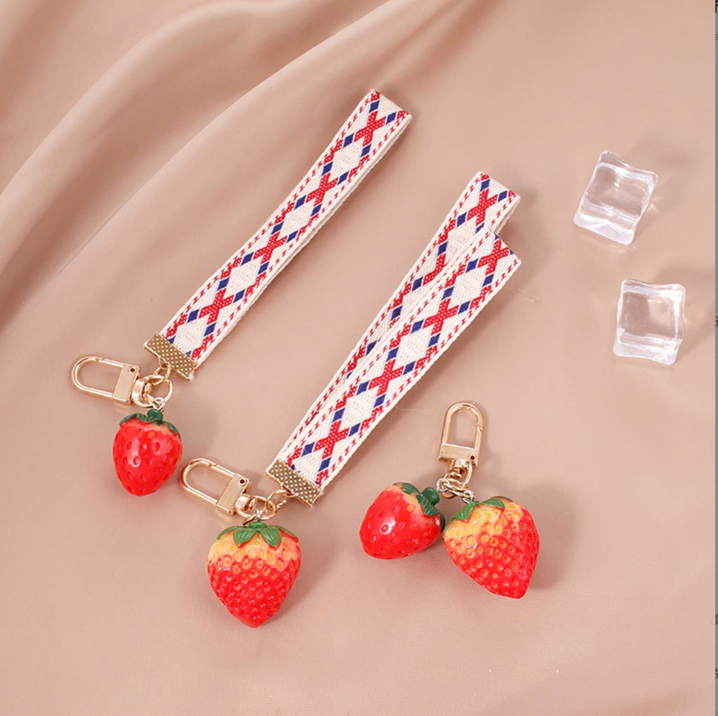 Cute Acrylic Strawberry with Fabric Strap Chain Keychain, Key ring