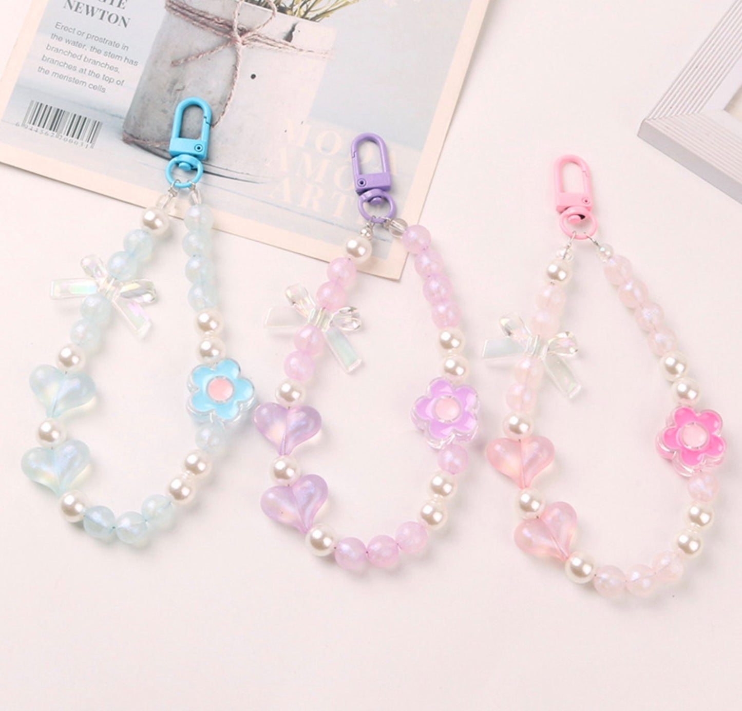 15CM Cute Acrylic Round Bead Strand with Flowers and Bows Bead Keychain, Key ring, Phone Lanyard
