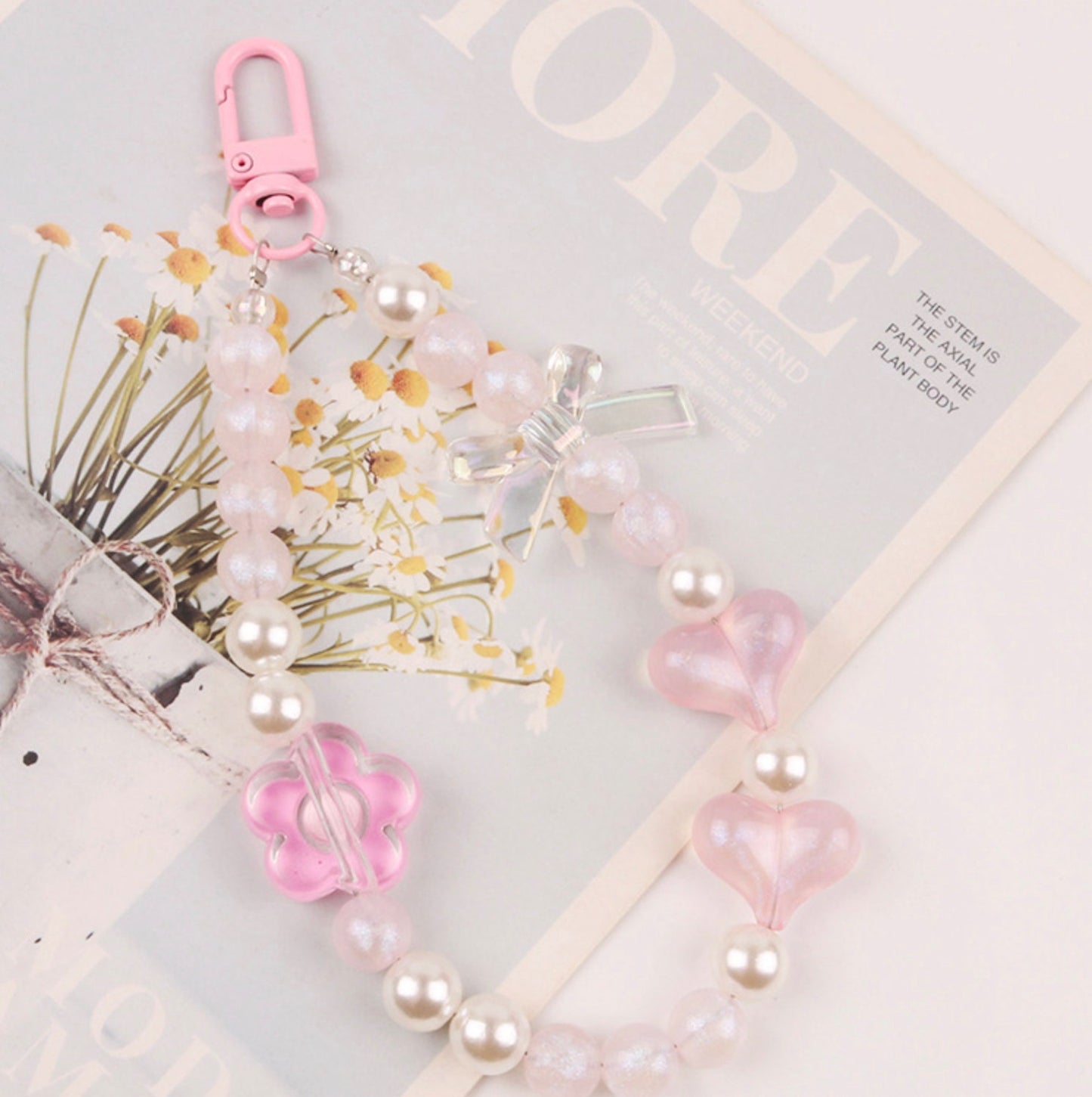 15CM Cute Acrylic Round Bead Strand with Flowers and Bows Bead Keychain, Key ring, Phone Lanyard