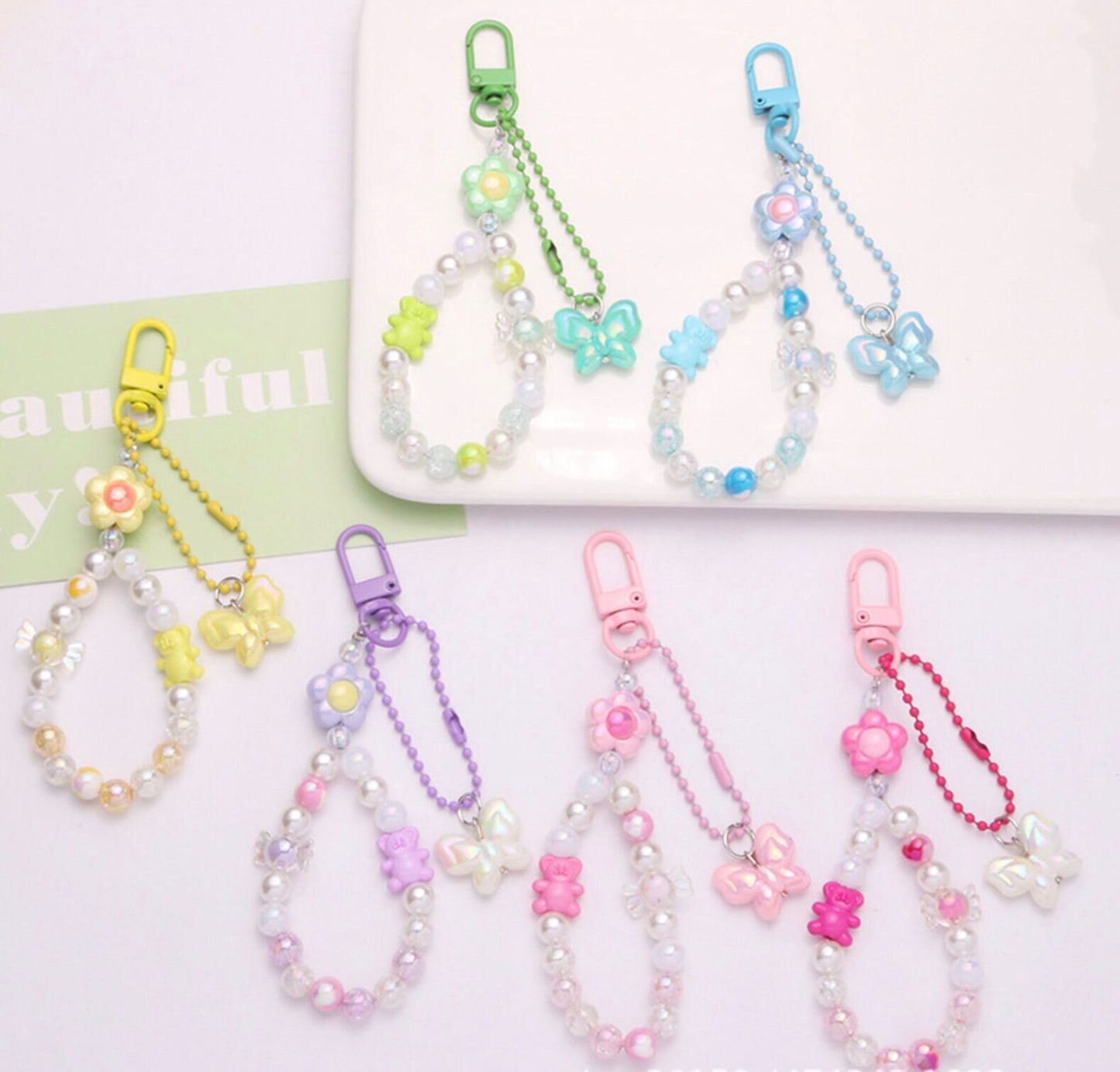 Macaron Colored Childhood Nostalgia Themed Bead Keychain, Key ring, Phone Lanyard